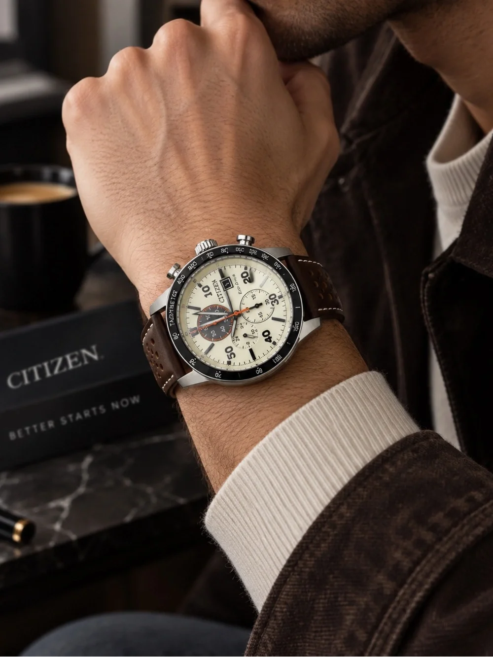 Citizen Brycen Eco-Drive Chronograph CA0649-06X Cream Dial NWT Box